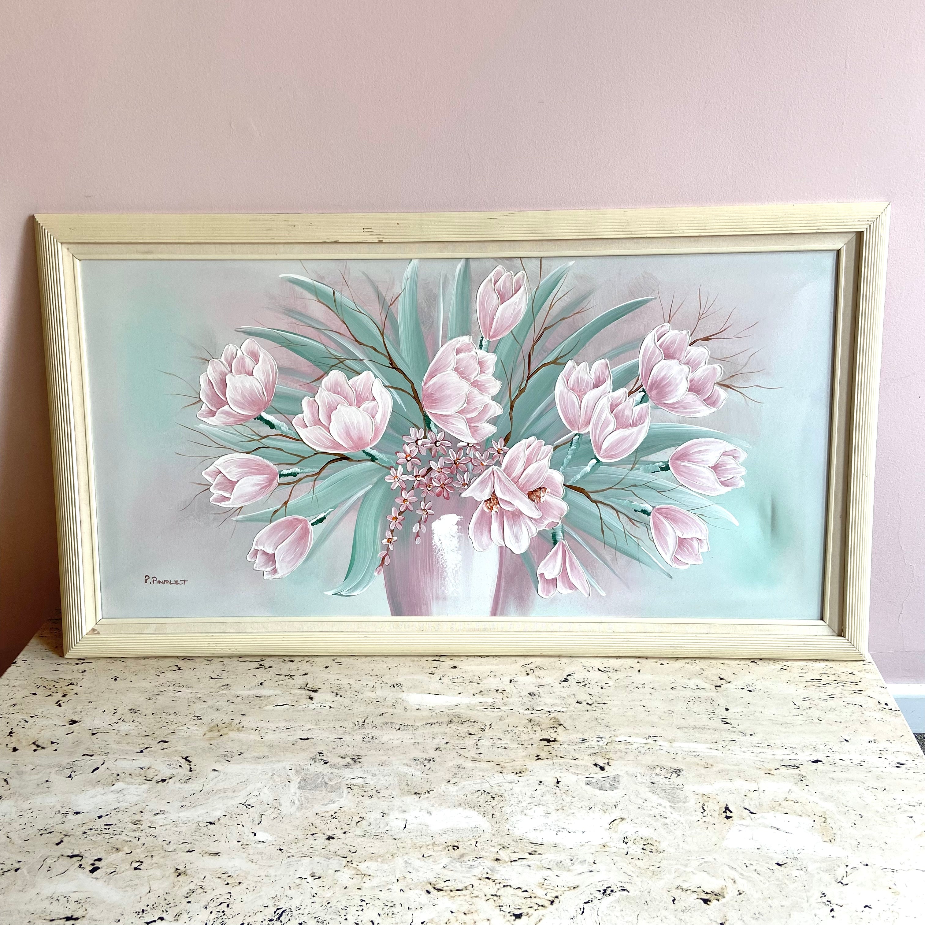 Framed 1980 s Pink Flower Bouquet Giclee by P. Pinault