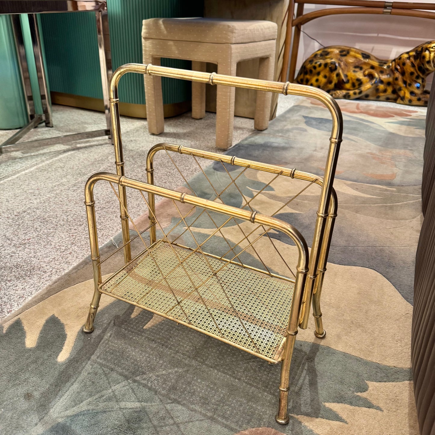 Vintage Hollywood Regency Style Brass Tone Magazine Rack