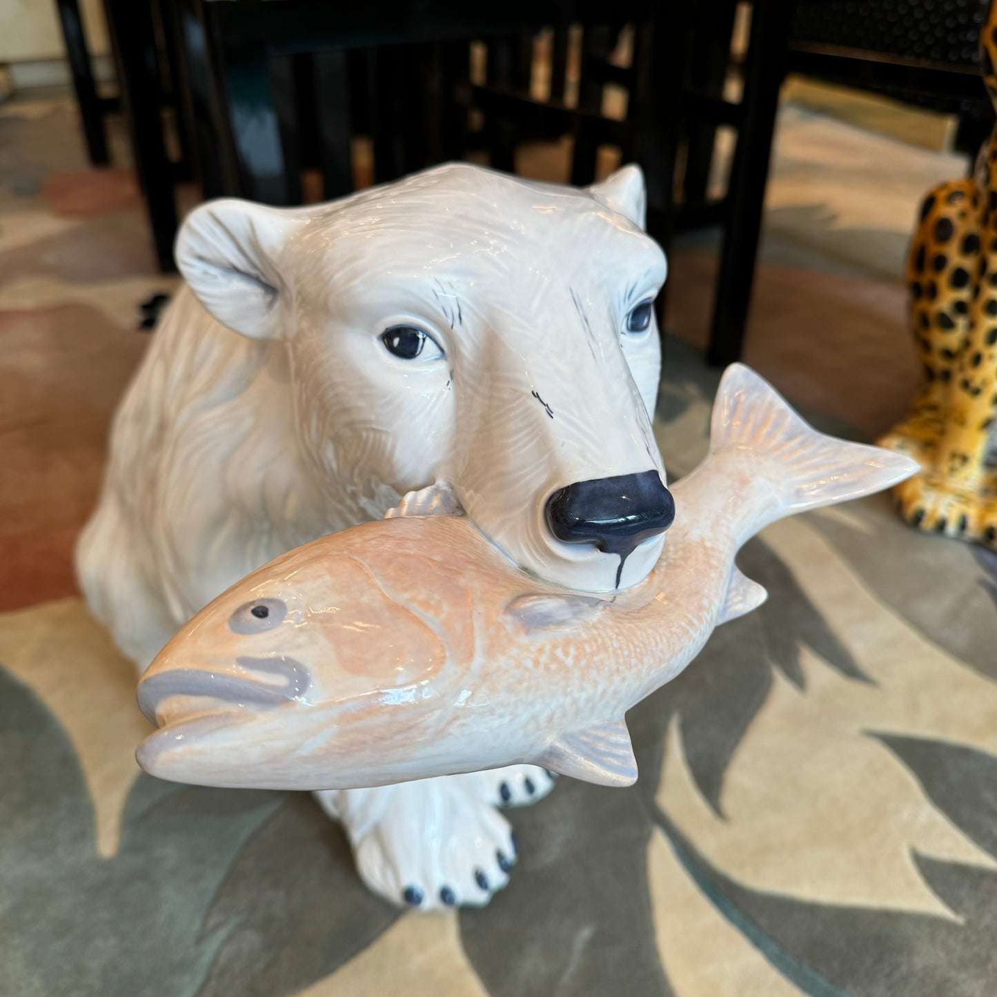 Large Vintage Ceramic Polar Bear with Fish Statue