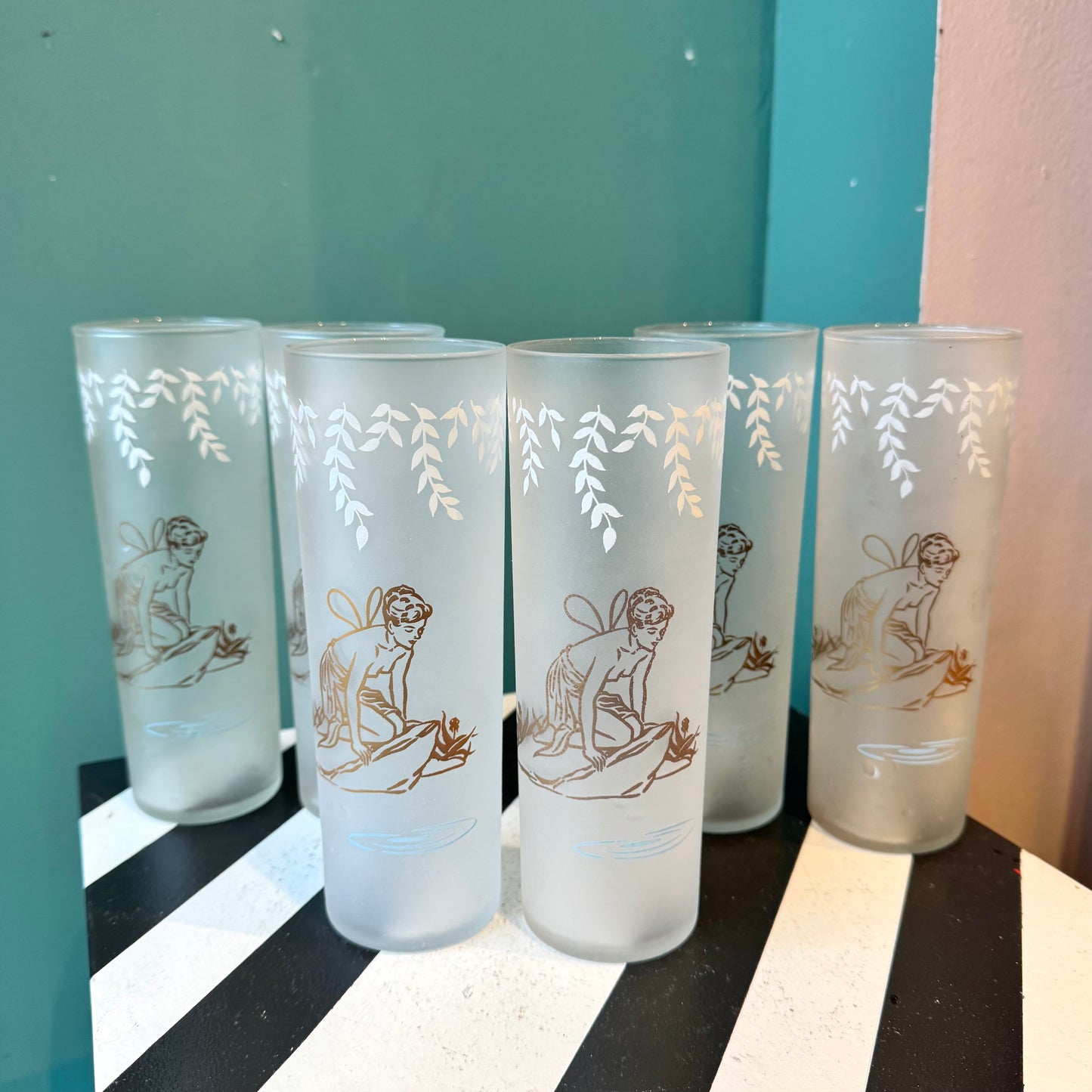 Set of 6 Vintage Frosted Fairy Nymph Highball Cocktail Glasses