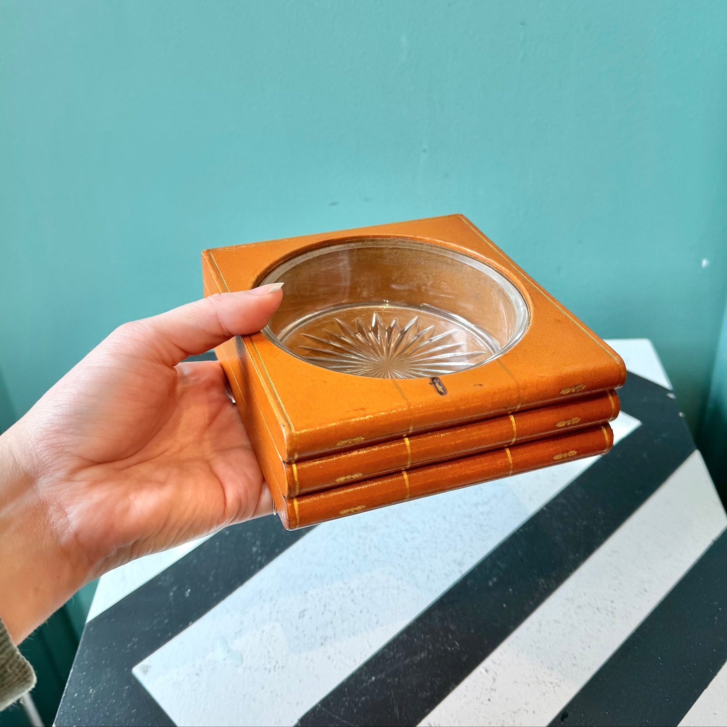 Vintage Leather "Book" and Glass Ashtray