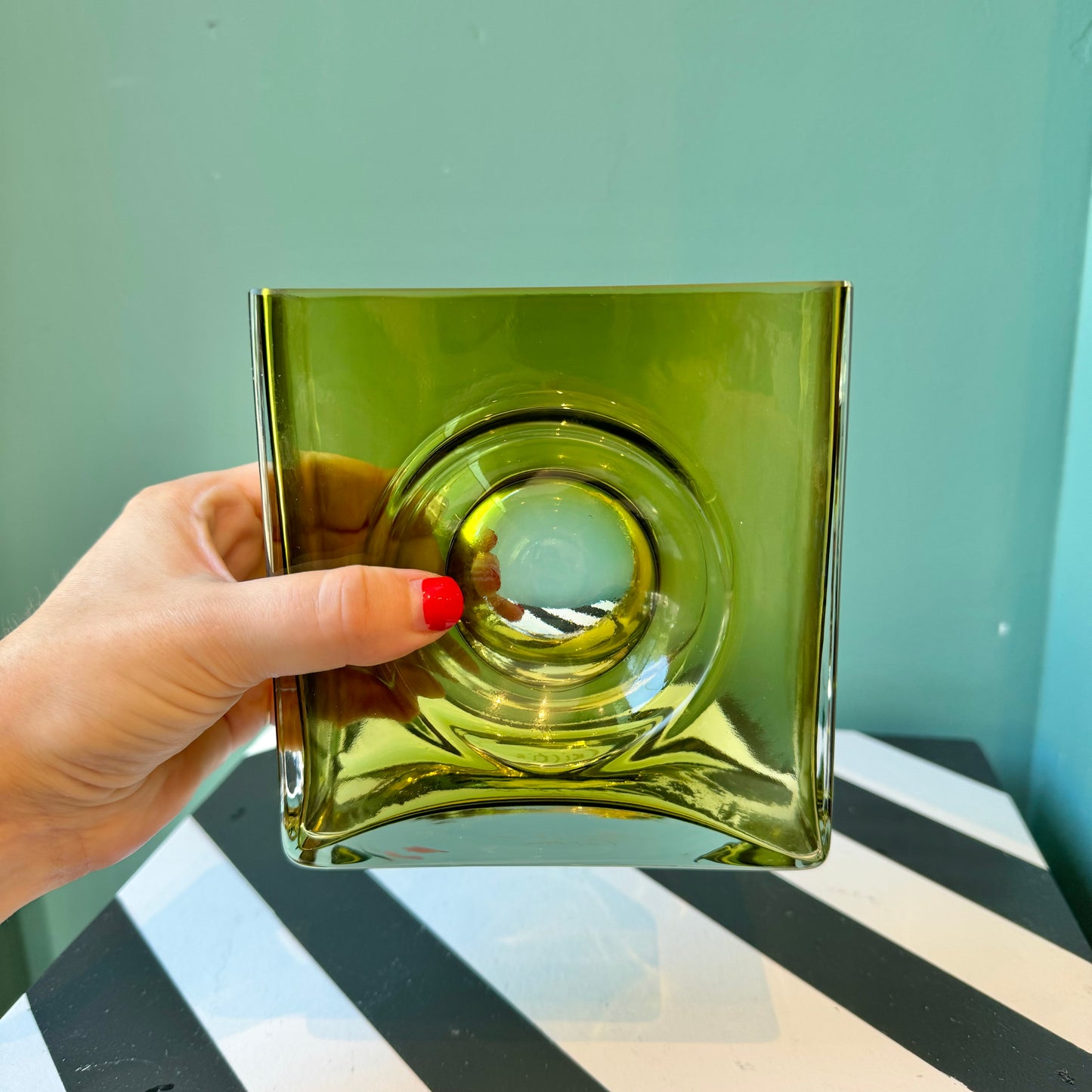 Vintage Chartreuse Square Glass ‘Diabolo’ Vase by Christian Tortu