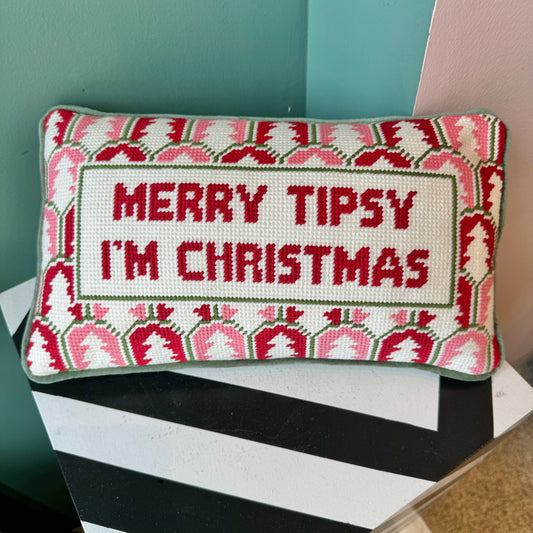 Merry Tipsy Christmas Needlepoint Pillow by Furbish Studio