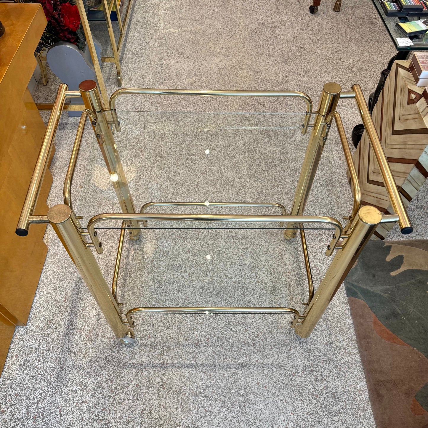 Vintage 2 Tier Brass and Glass Rolling Bar Cart