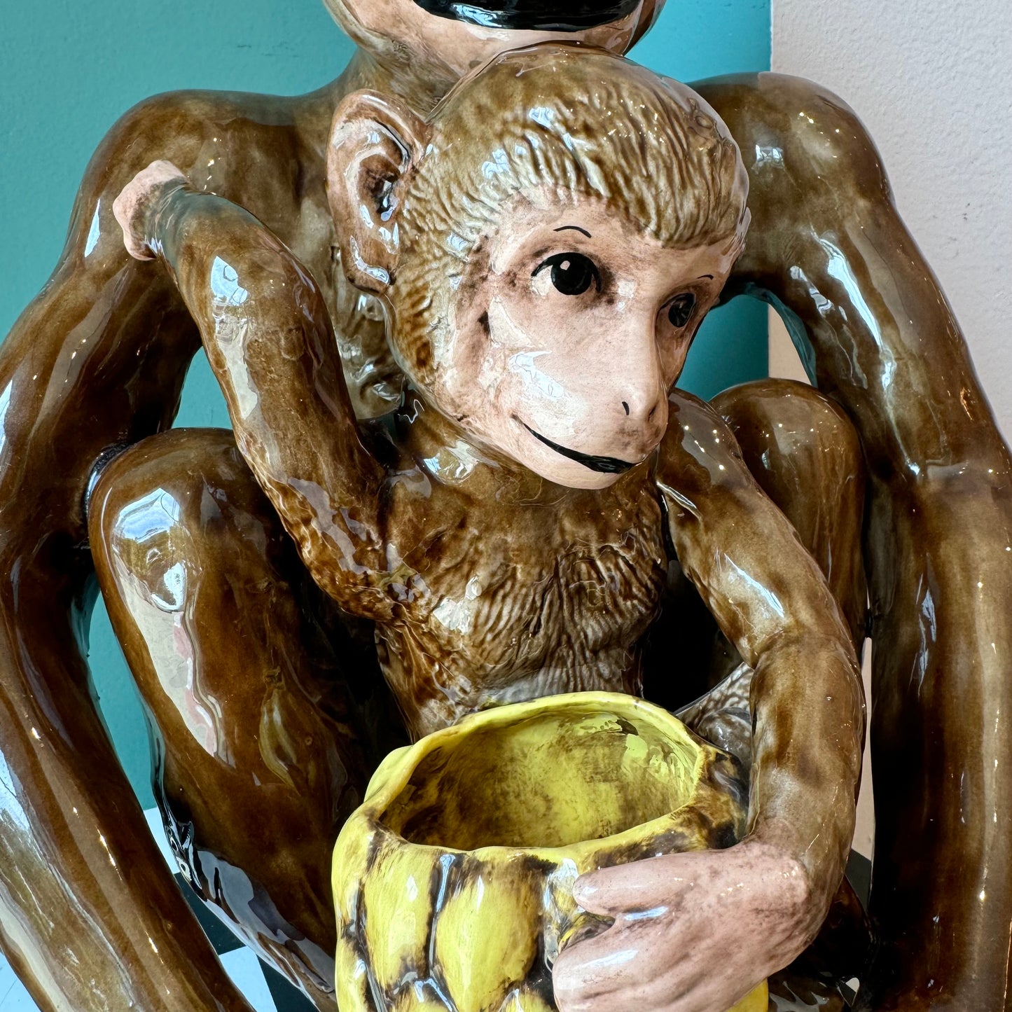 Vintage Ceramic Mother and Baby Monkey Statue