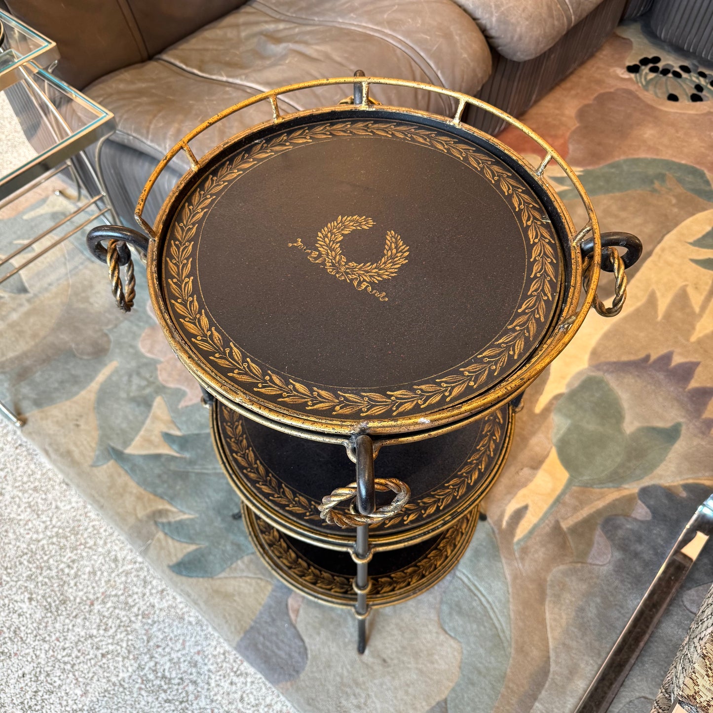 Vintage Three Tier Circular Black and Gold Garland Accent/Side Table