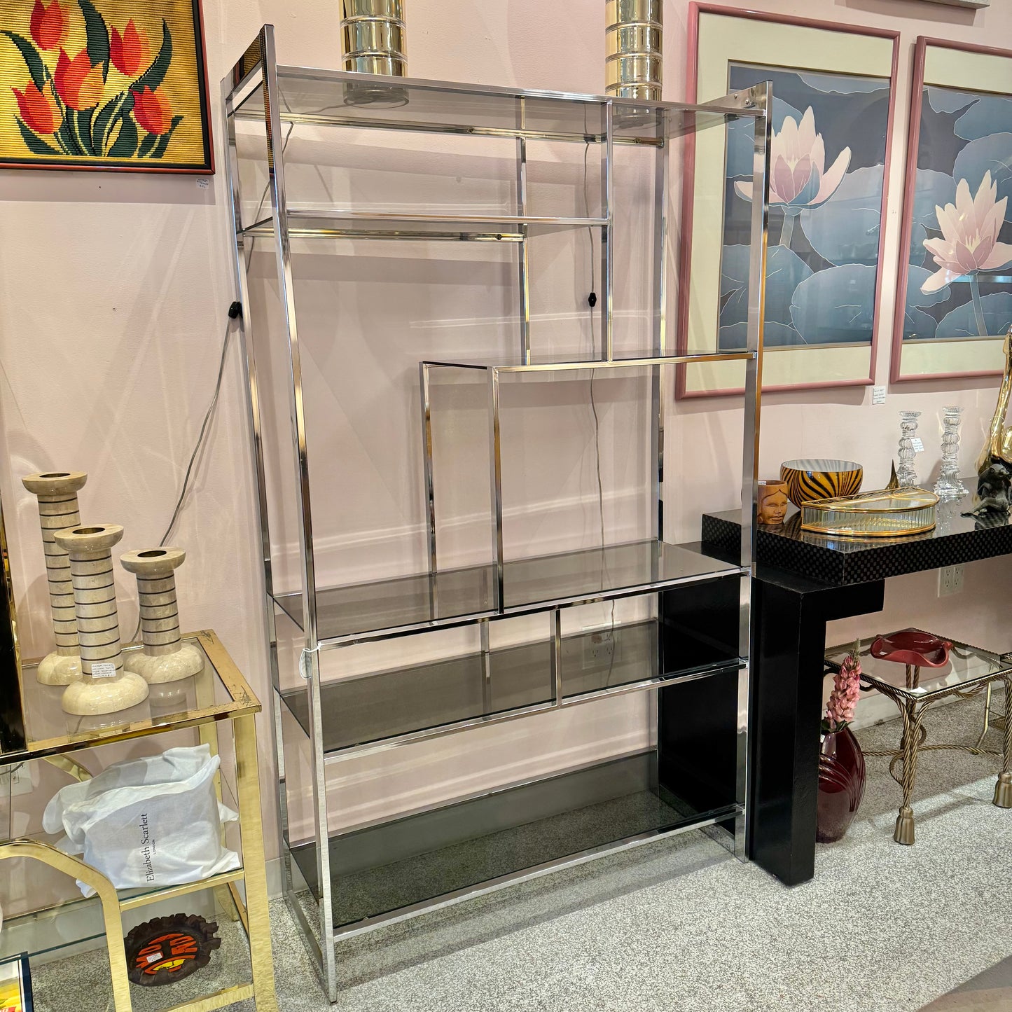 Vintage Milo Baughman Style Chrome and Smoked Glass Etagere