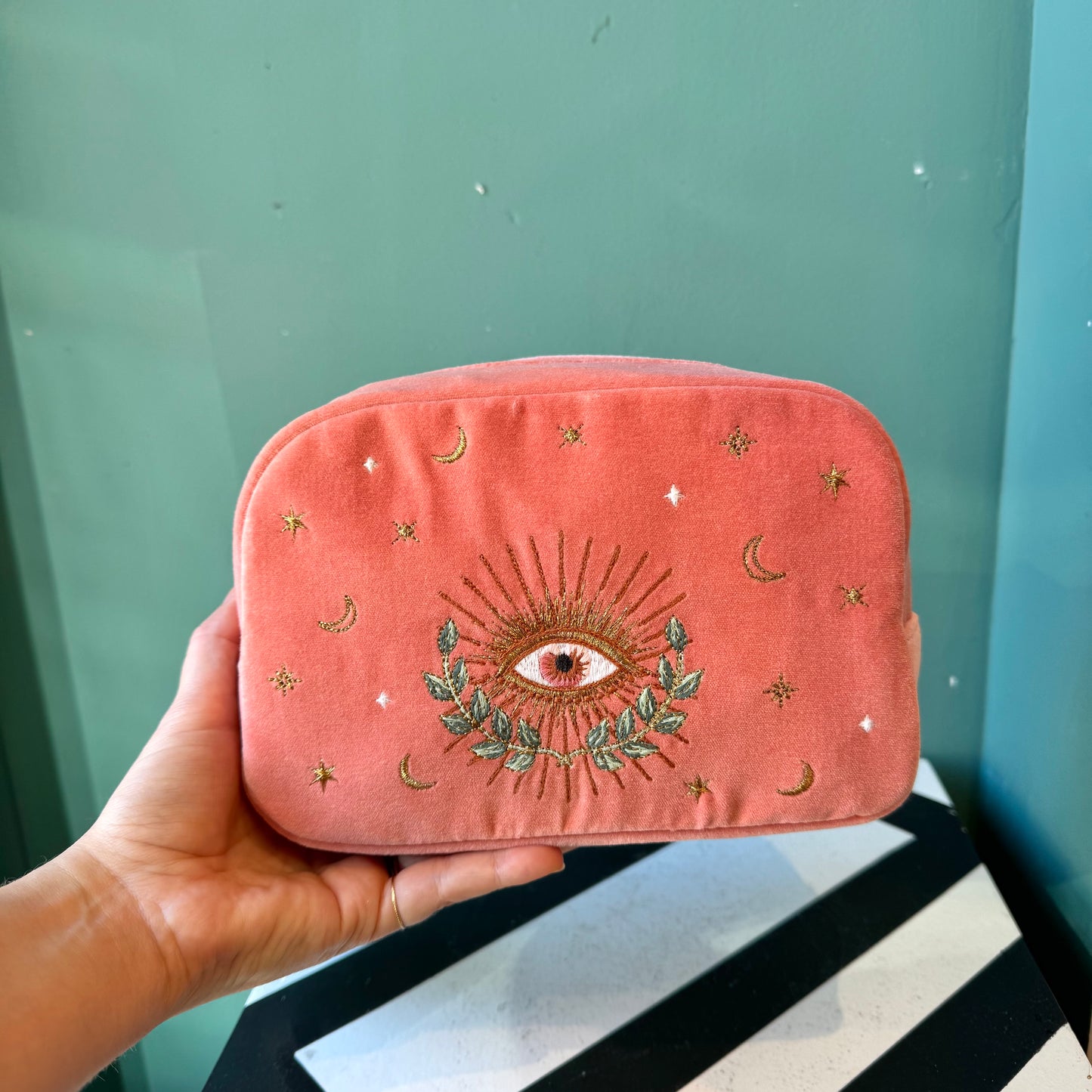 Pink Velvet Celestial Eye Makeup Bag by Elizabeth Scarlett London