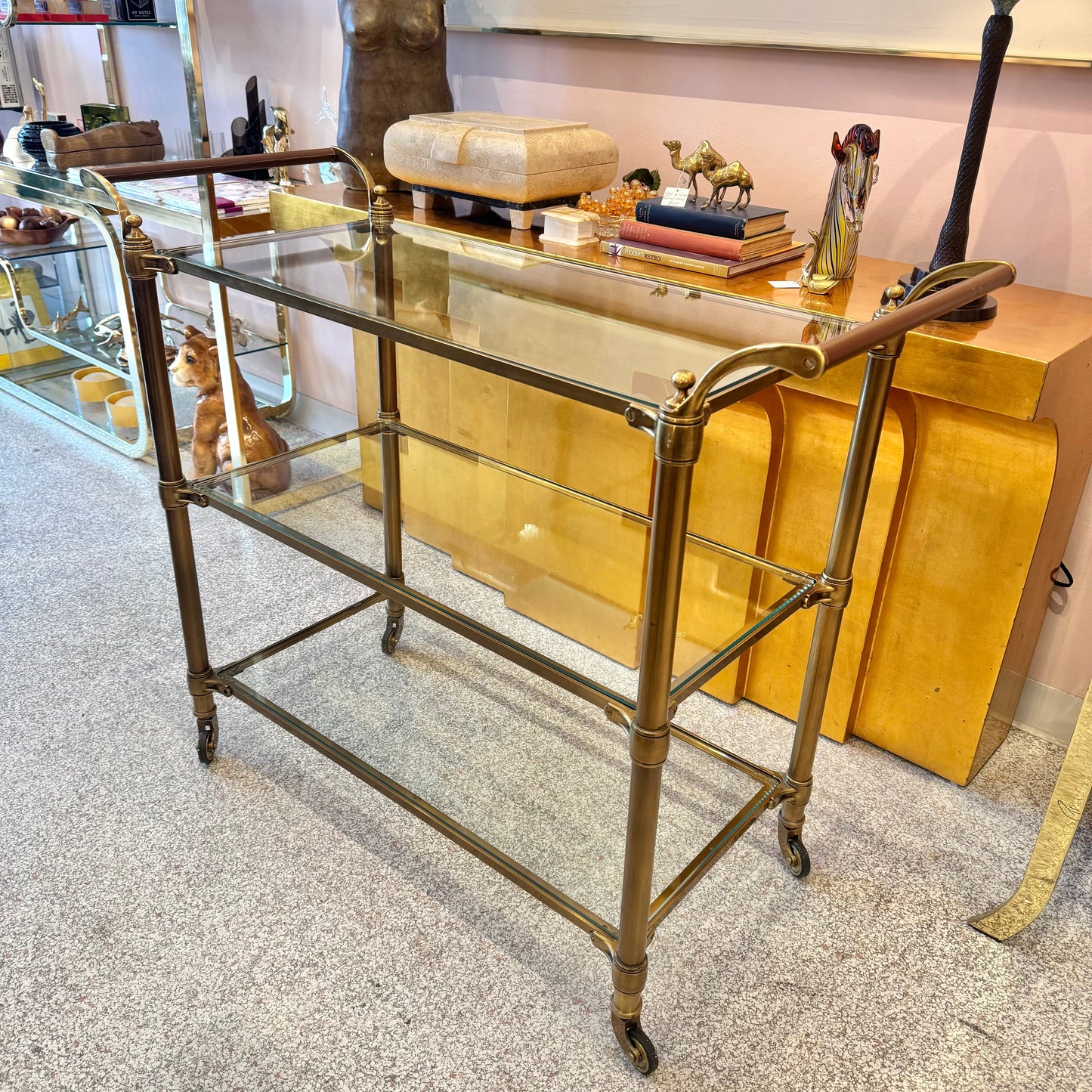 Brass and Glass 3 Tier Rolling Bar Cart