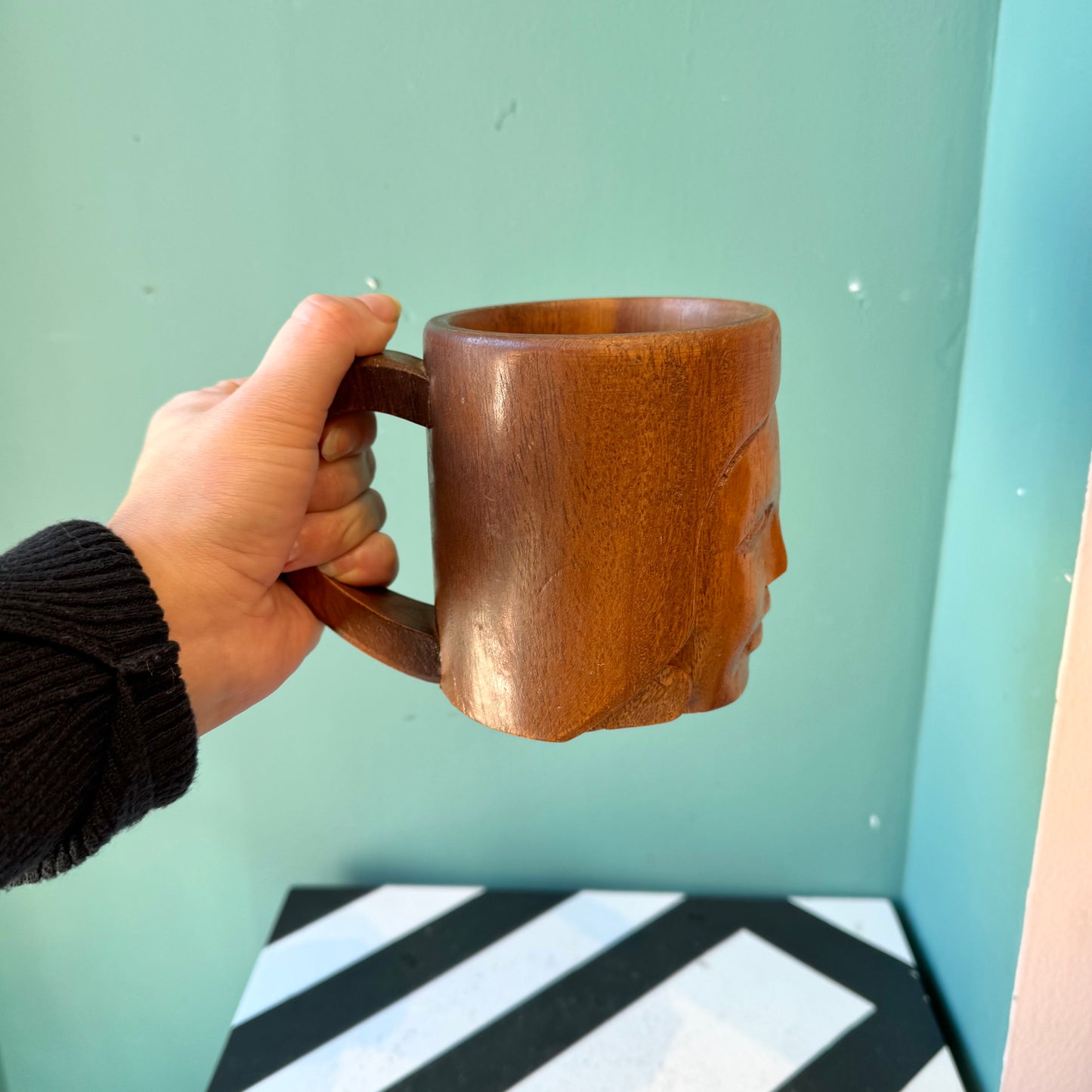 Vintage Carved Wood Face Tiki Mug