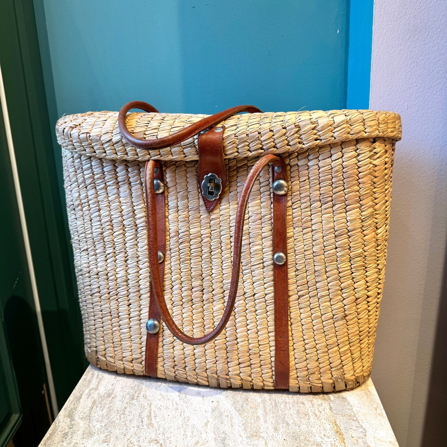 Vintage 1970’s Large Woven Straw and Leather Strap Tote Bag