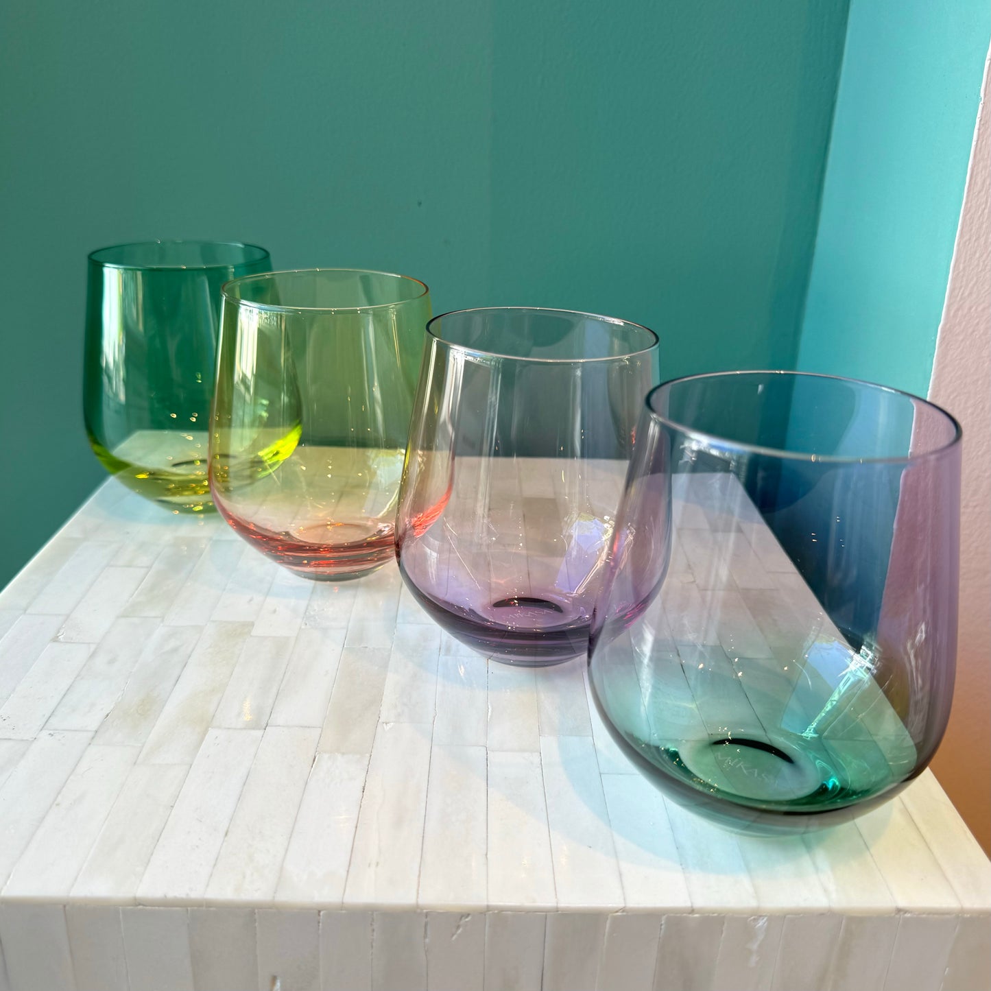 Set of 4 Multi Colored Stemless Wine Glasses by Mikasa