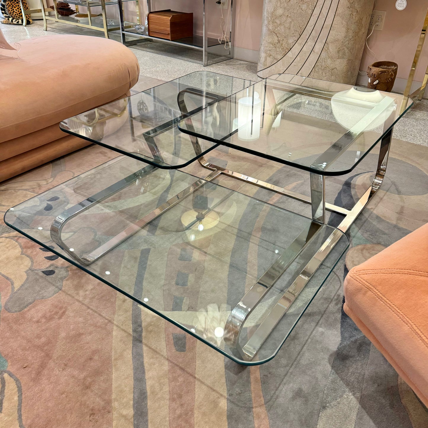 Large Vintage 3 Tier Glass and Chrome Coffee Table