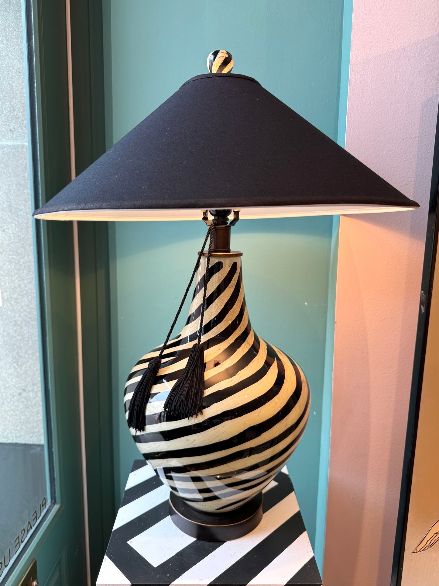 Black and White Striped Glass "Zebra" Lamp with Black Shade/item