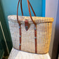 Vintage 1970’s Large Woven Straw and Leather Strap Tote Bag