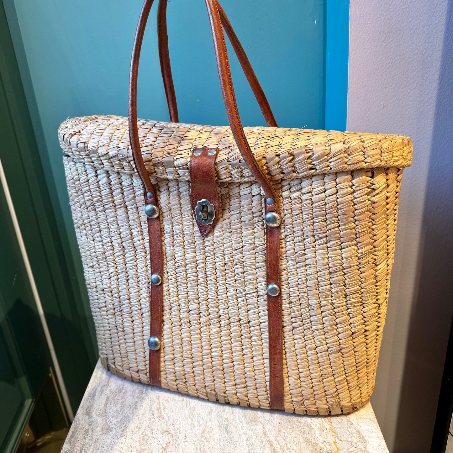 Vintage 1970’s Large Woven Straw and Leather Strap Tote Bag