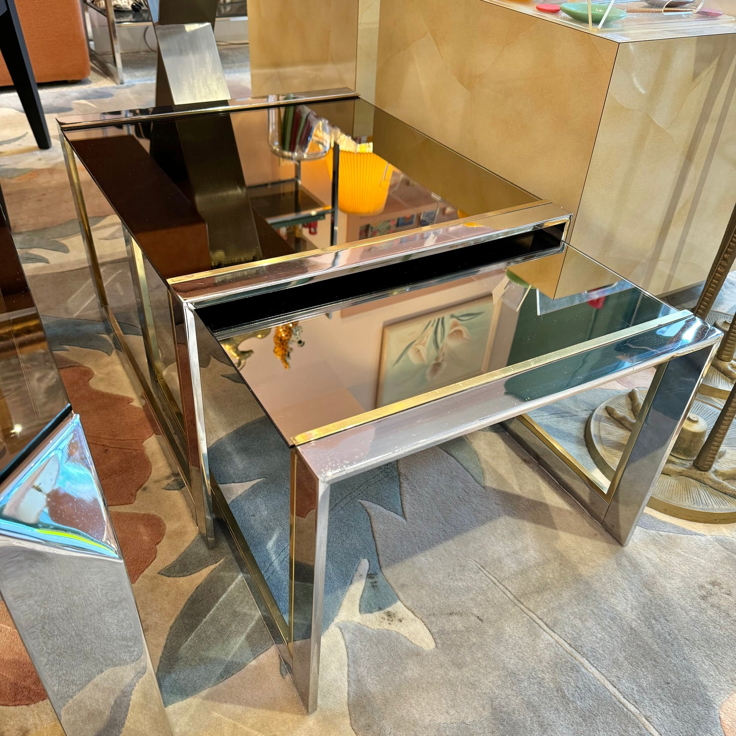 Vintage Brass and Smoked Mirrored Glass Nesting Tables