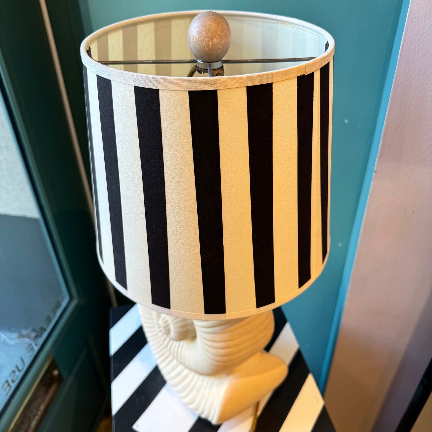 Vintage Ceramic Shell Lamp with Stripe Shade