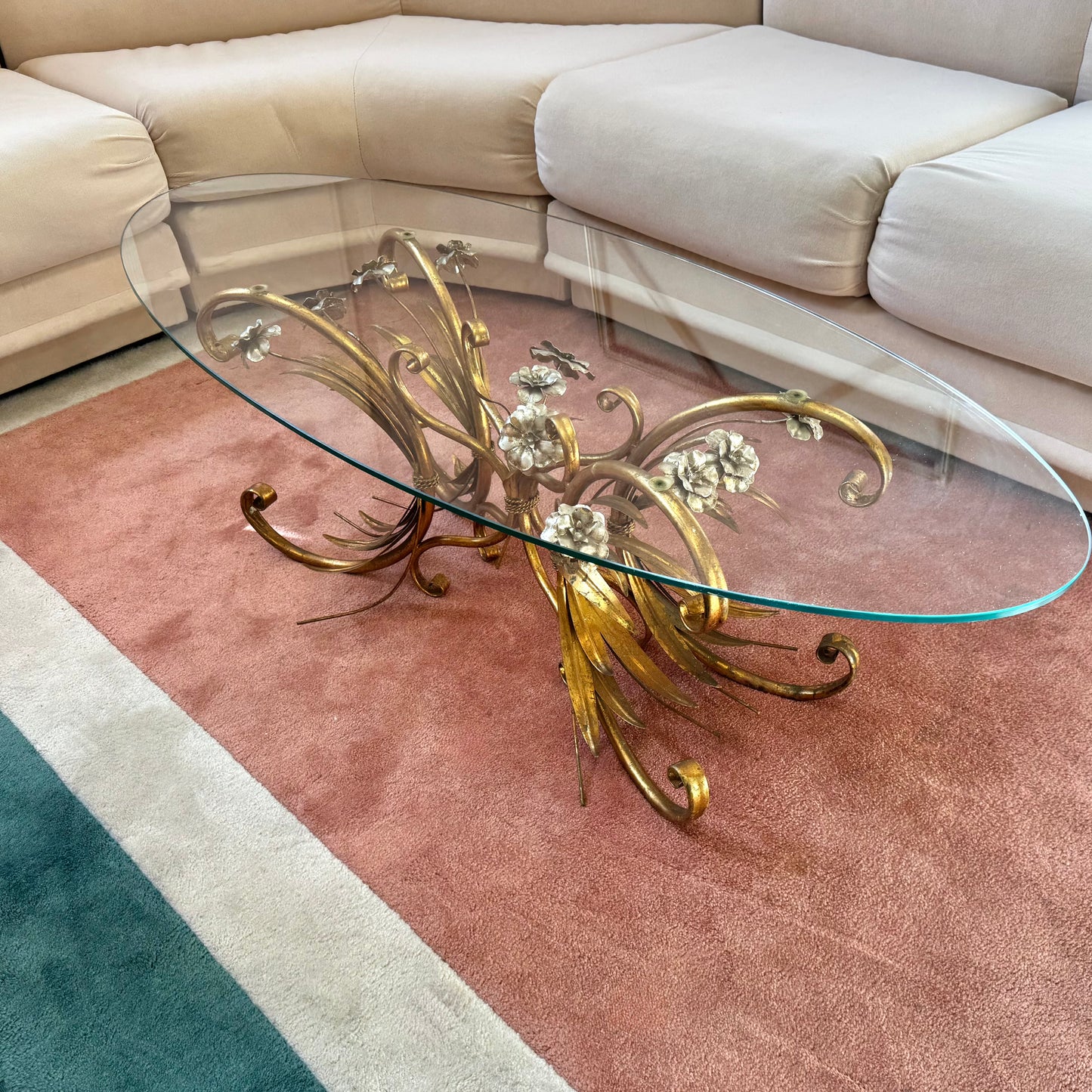 Vintage Italian Gold Gilt Floral Bouquet Wheat Sheaf Coffee Table