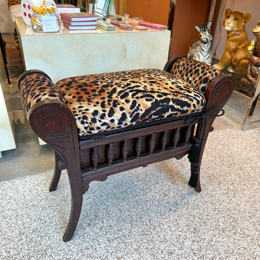 Vintage Small Carved Wood and Leopard Storage Bench
