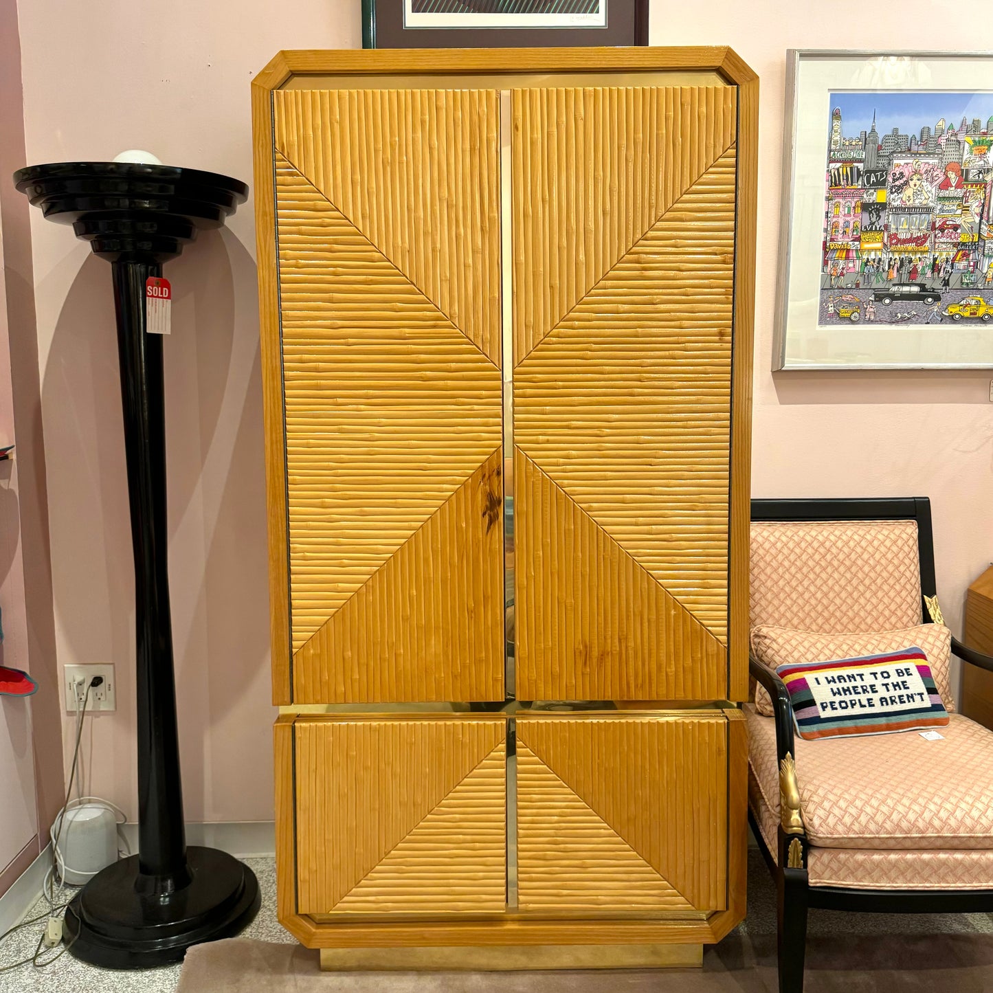 1980's Karl Springer Bamboo and Brass Trim Wardrobe