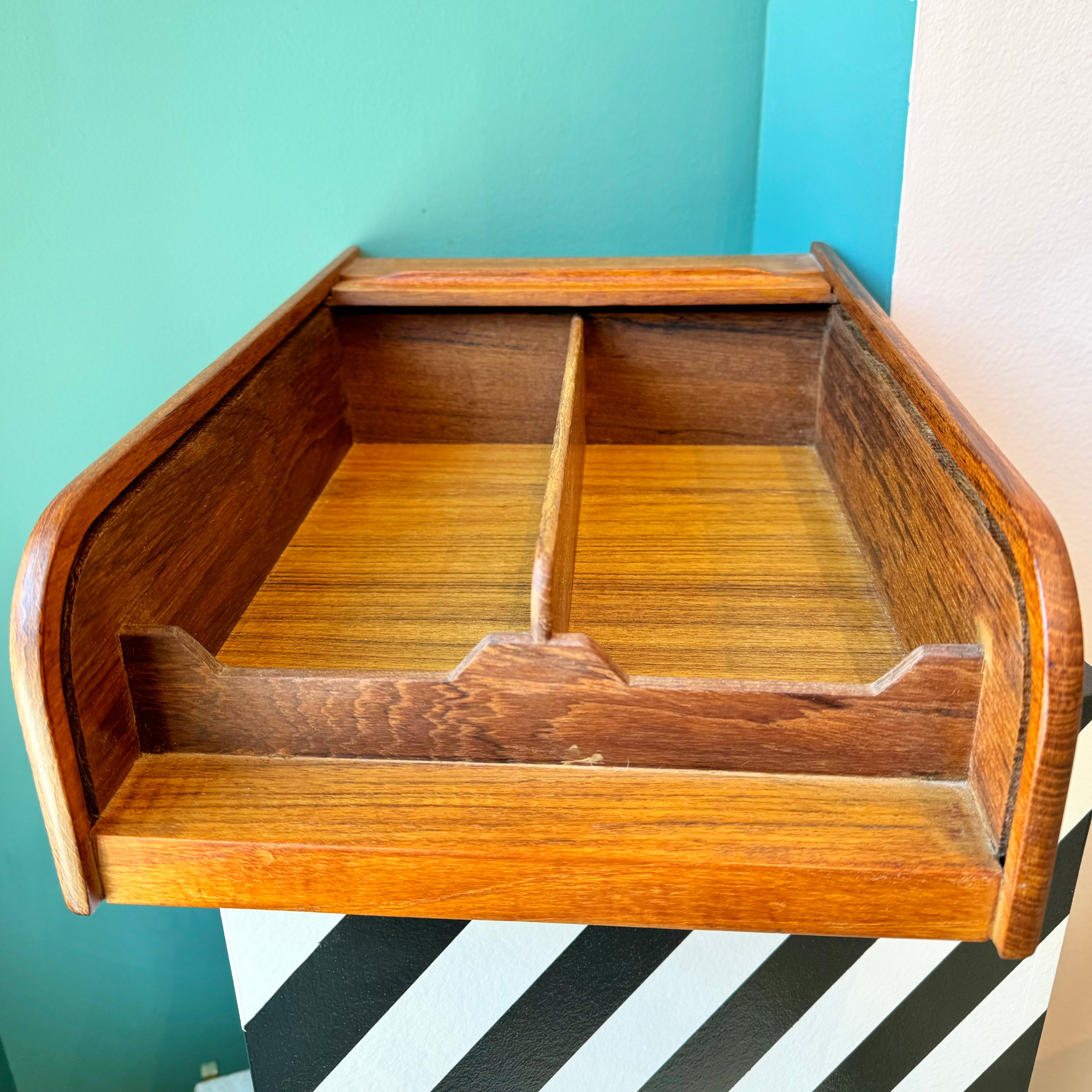 Mid Century Tambour Door Teak Desk Storage Unit, Kalmar Teak Wood Rolltop Storage, store Made in Thailand, Mid Century Teak Wood, 1960's, Sixties