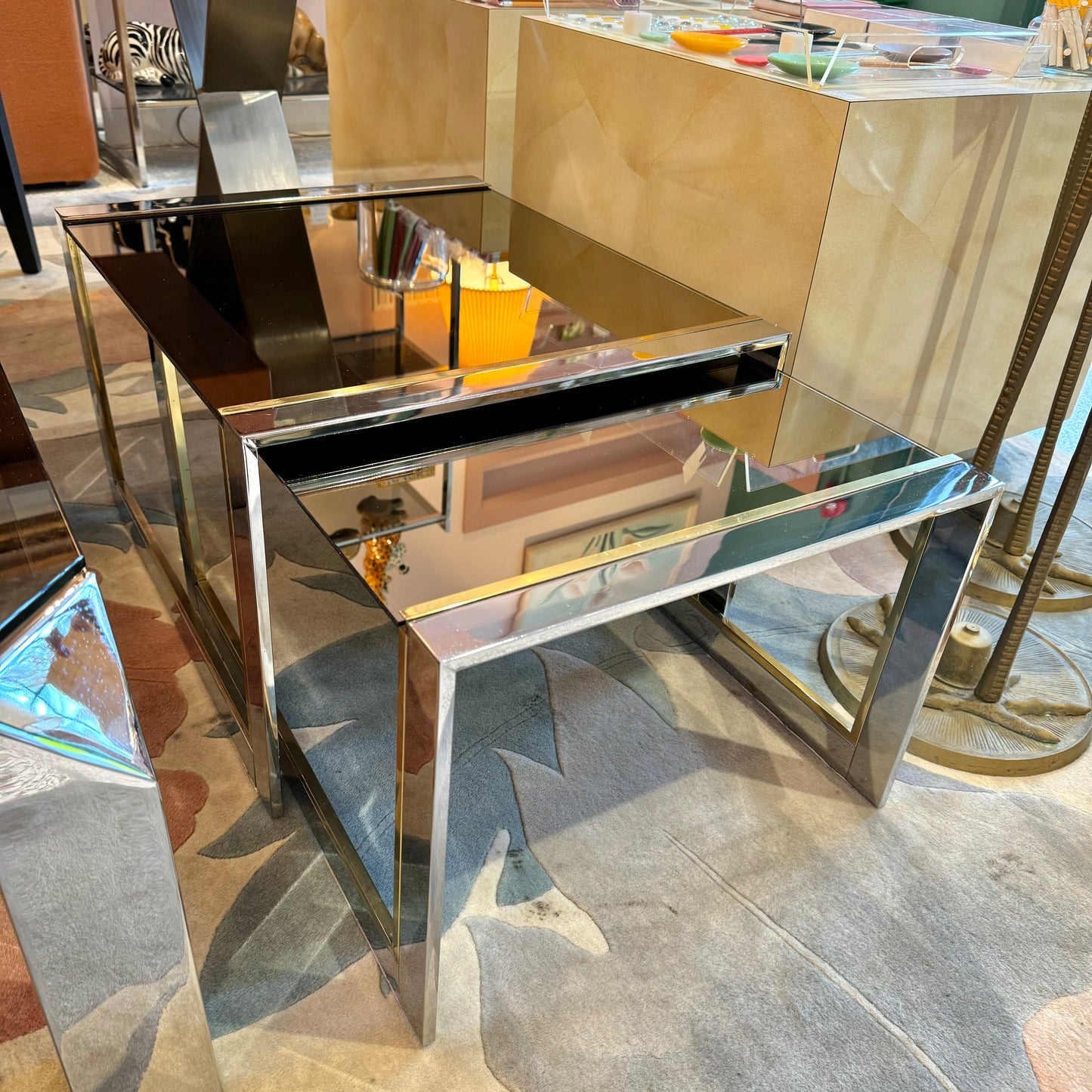 Vintage Brass and Smoked Mirrored Glass Nesting Tables