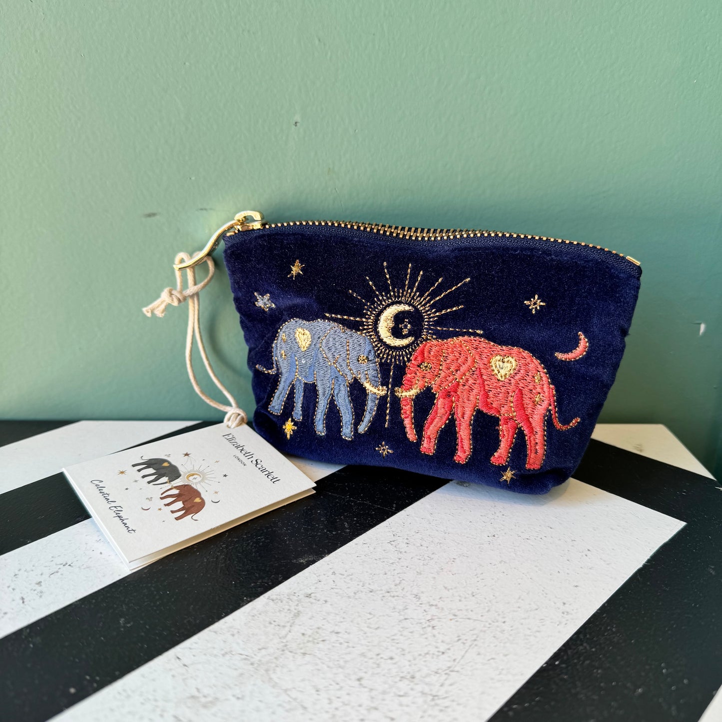 Celestial Elephant Navy Velvet Coin Purse by Elizabeth Scarlett London