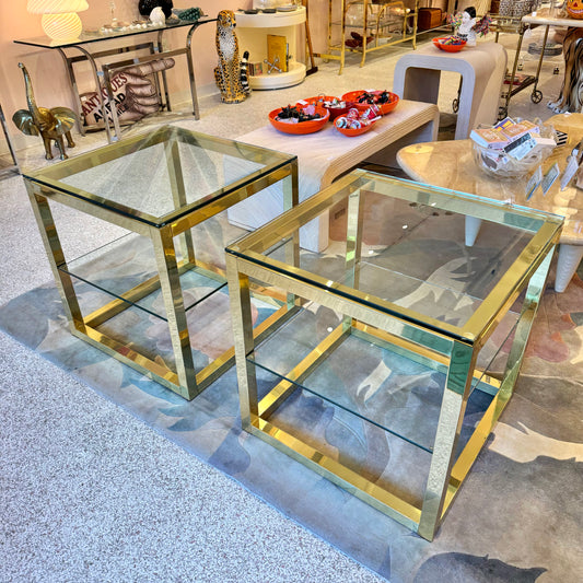 Vintage Brass and Glass Cube Side Table/item