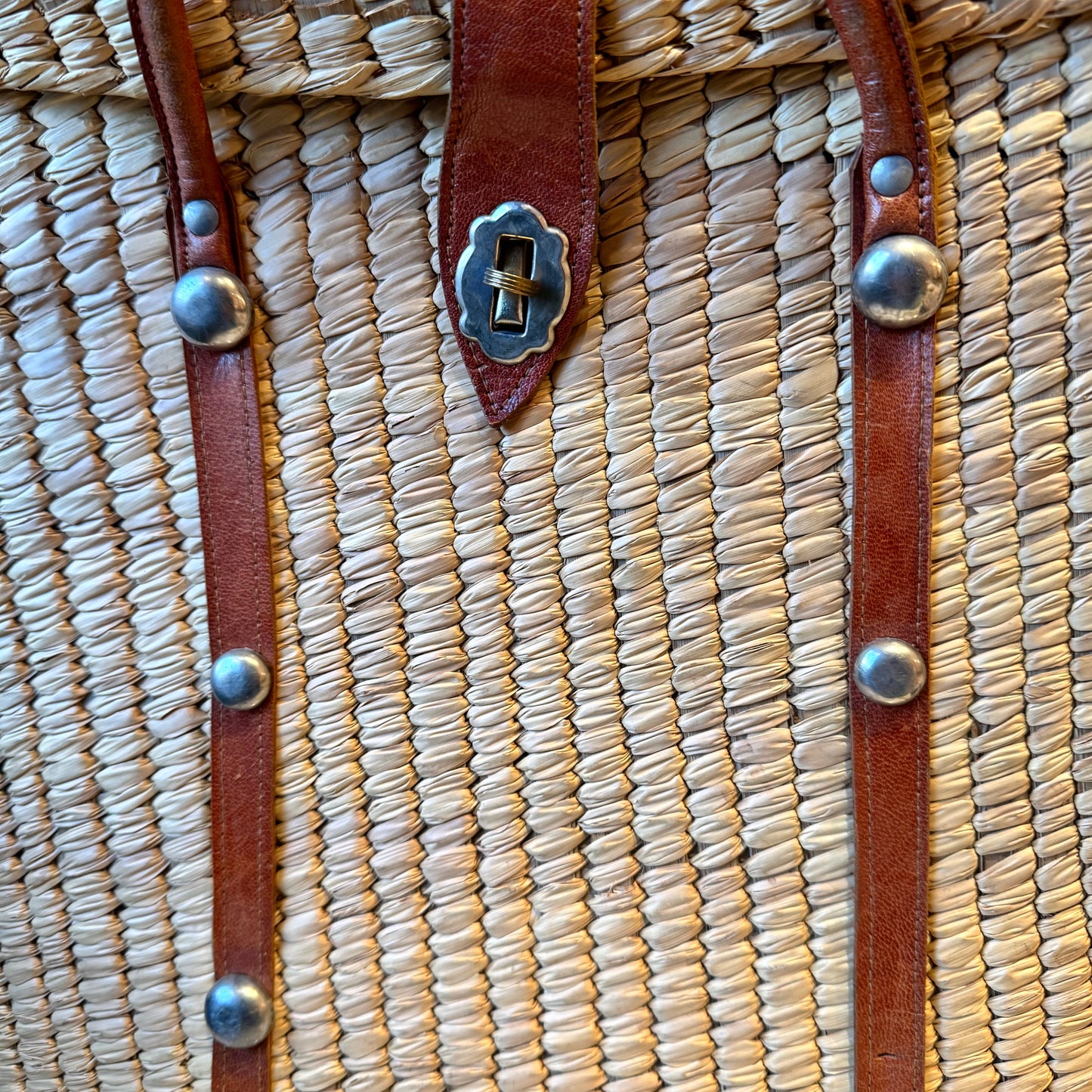 Vintage 1970’s Large Woven Straw and Leather Strap Tote Bag