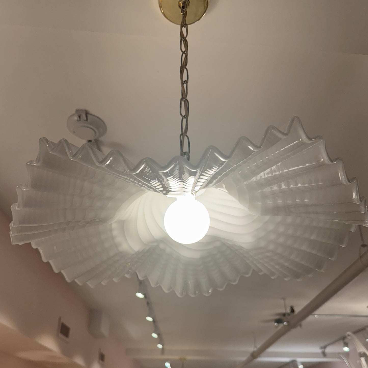 Vintage White Ruffle Murano Glass Pendant Chandelier