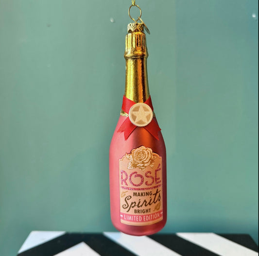 Rose Sparkling Wine Bottle Glass Ornament