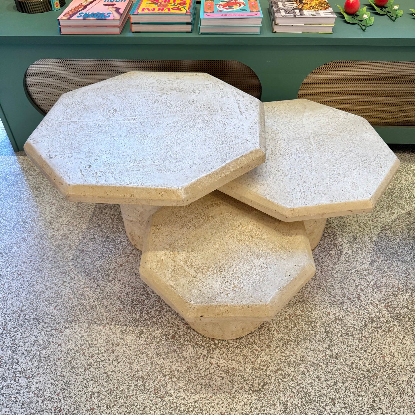 Vintage Set of 3 Octagonal Faux Travertine Nesting Mushroom Tables