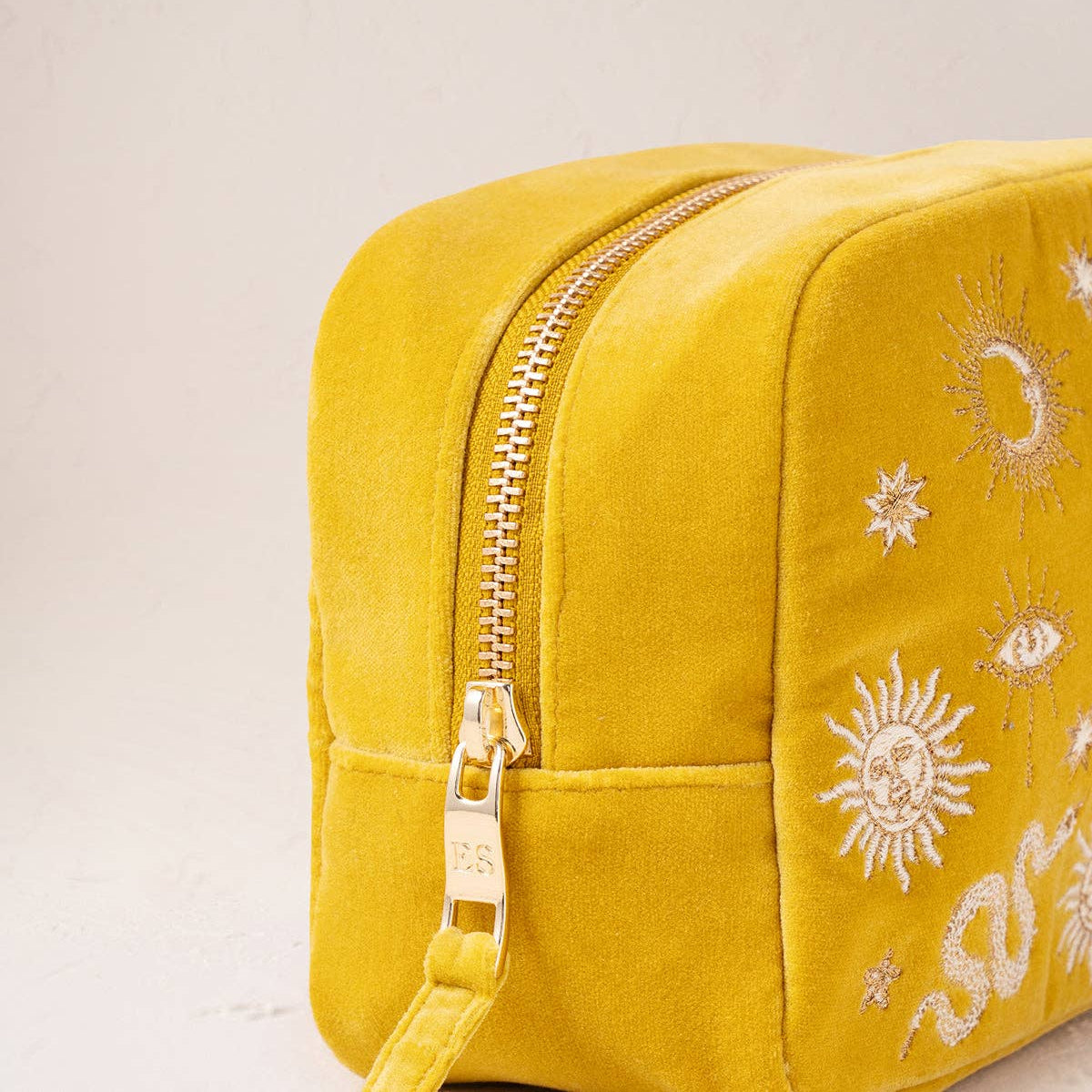 Mustard Yellow Velvet Alchemy Makeup Bag by Elizabeth Scarlett London