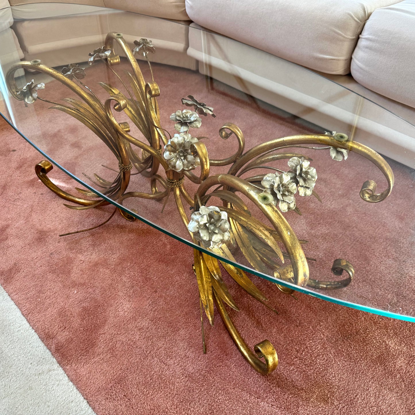 Vintage Italian Gold Gilt Floral Bouquet Wheat Sheaf Coffee Table