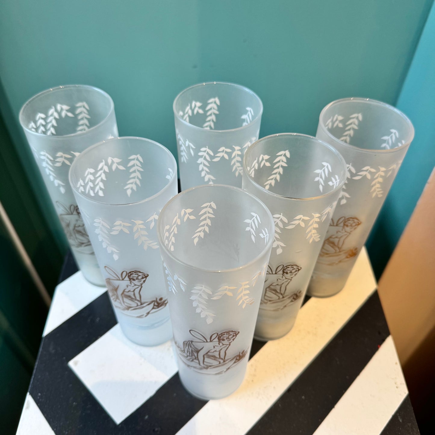 Set of 6 Vintage Frosted Fairy Nymph Highball Cocktail Glasses