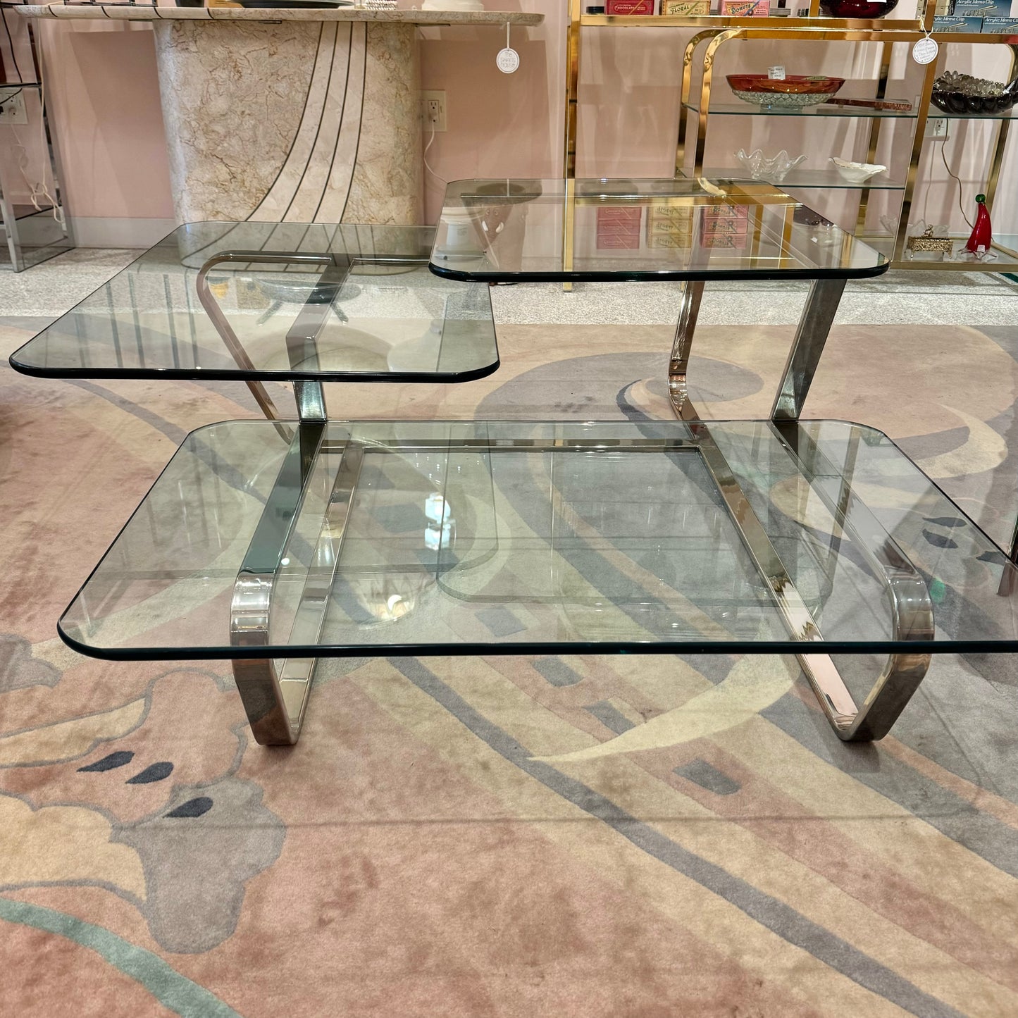 Large Vintage 3 Tier Glass and Chrome Coffee Table