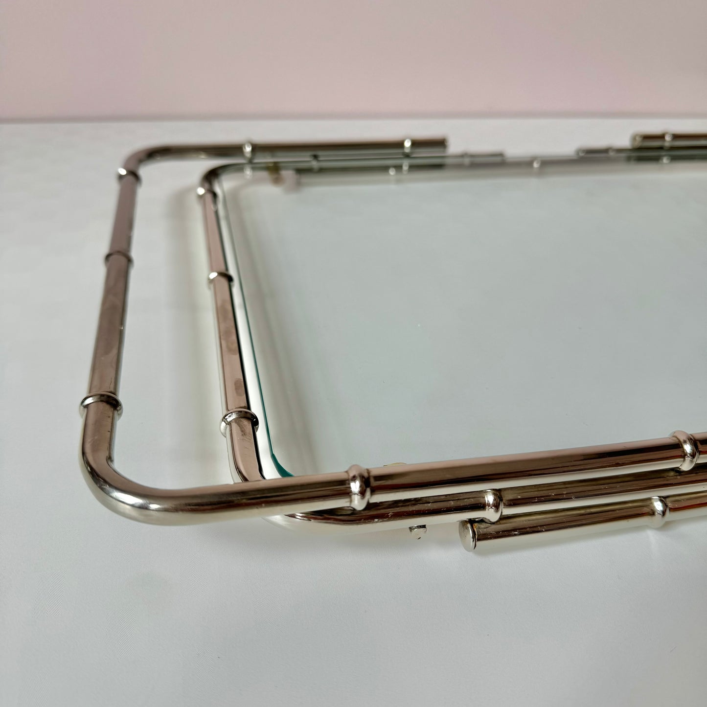 Vintage 1970’s Faux Bamboo Nickel and Glass Serving Tray