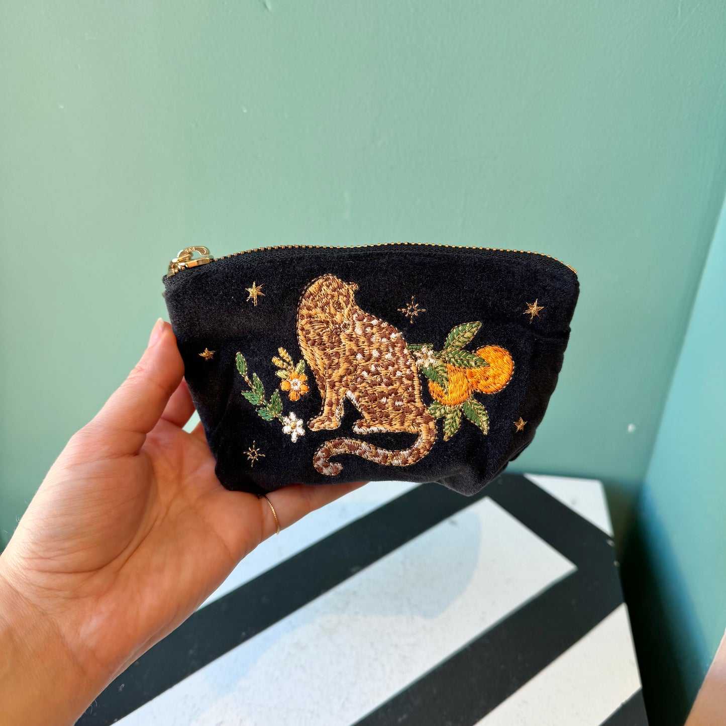 Tropical Jaguar Charcoal Black Velvet Coin Purse by Elizabeth Scarlett London