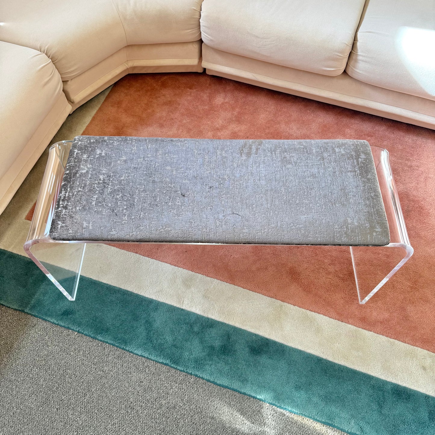 Vintage Lucite Waterfall Bench with Upholstered Seat