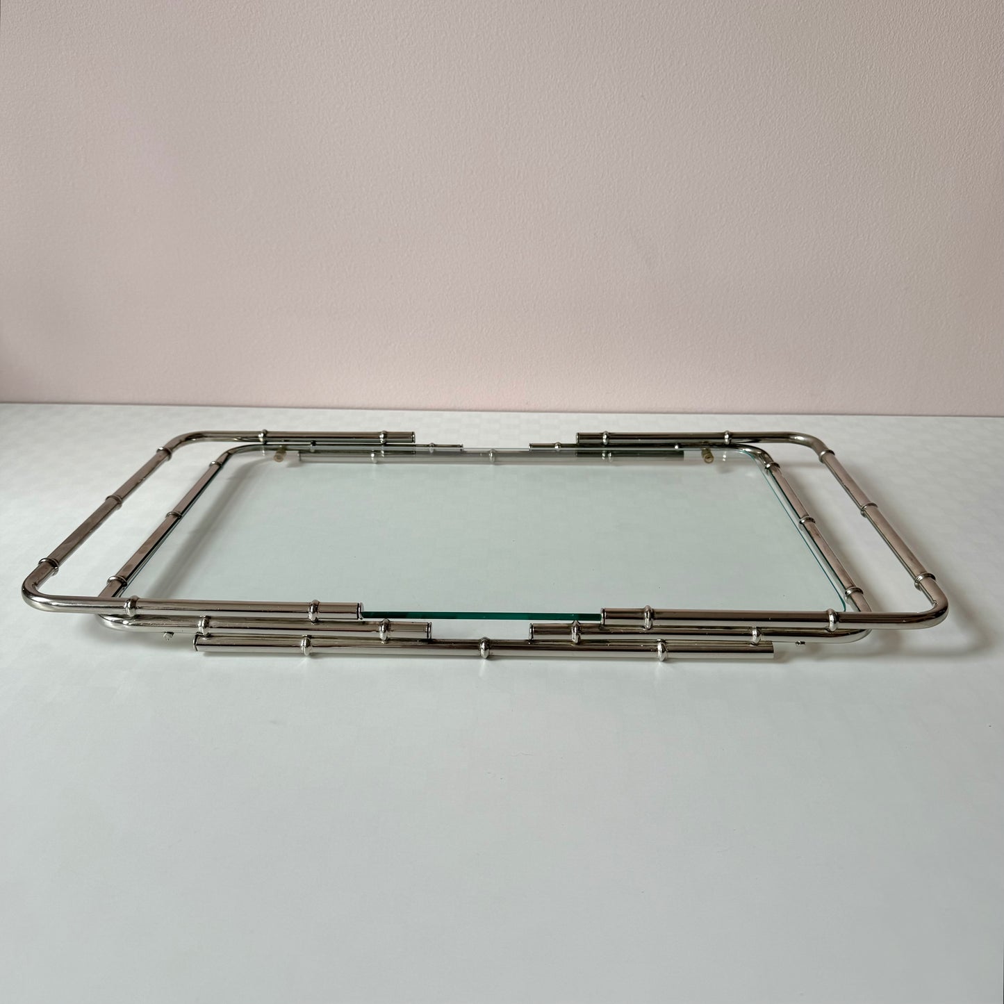 Vintage 1970’s Faux Bamboo Nickel and Glass Serving Tray