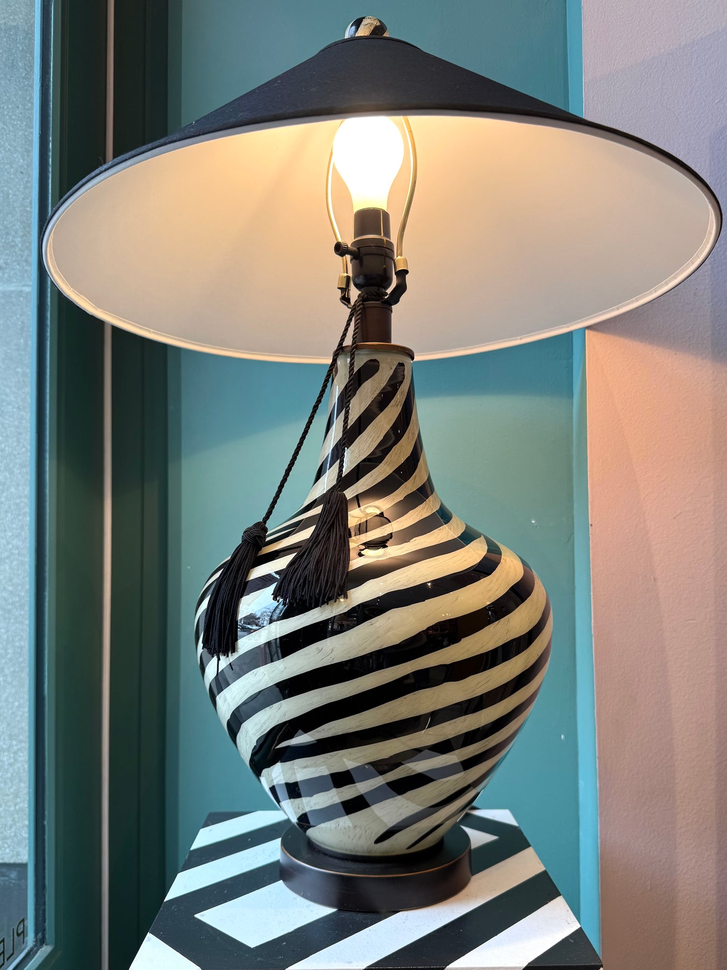 Black and White Striped Glass "Zebra" Lamp with Black Shade/item