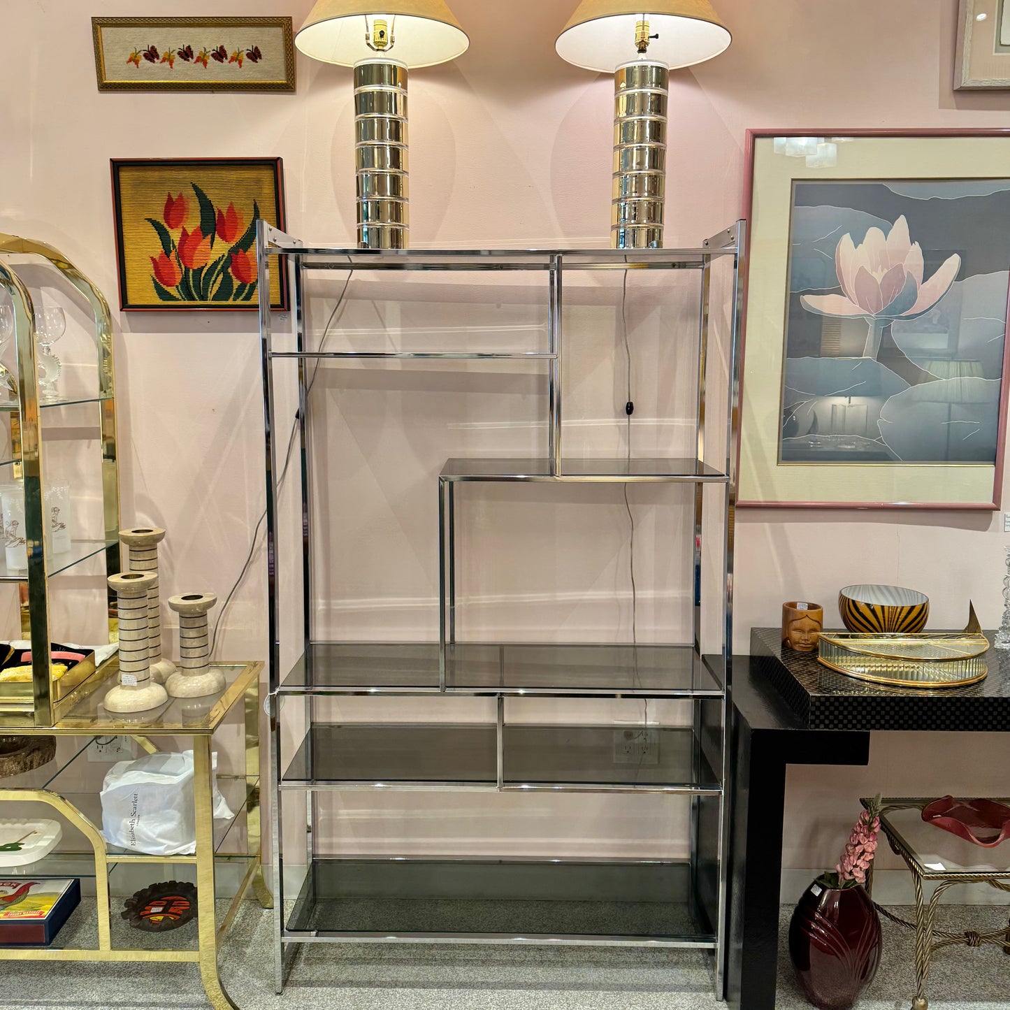 Vintage Milo Baughman Style Chrome and Smoked Glass Etagere