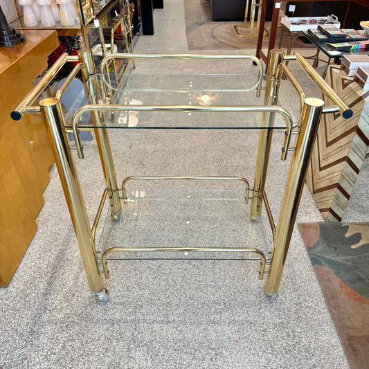 Vintage 2 Tier Brass and Glass Rolling Bar Cart