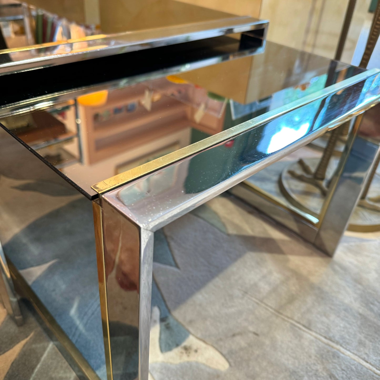 Vintage Brass and Smoked Mirrored Glass Nesting Tables