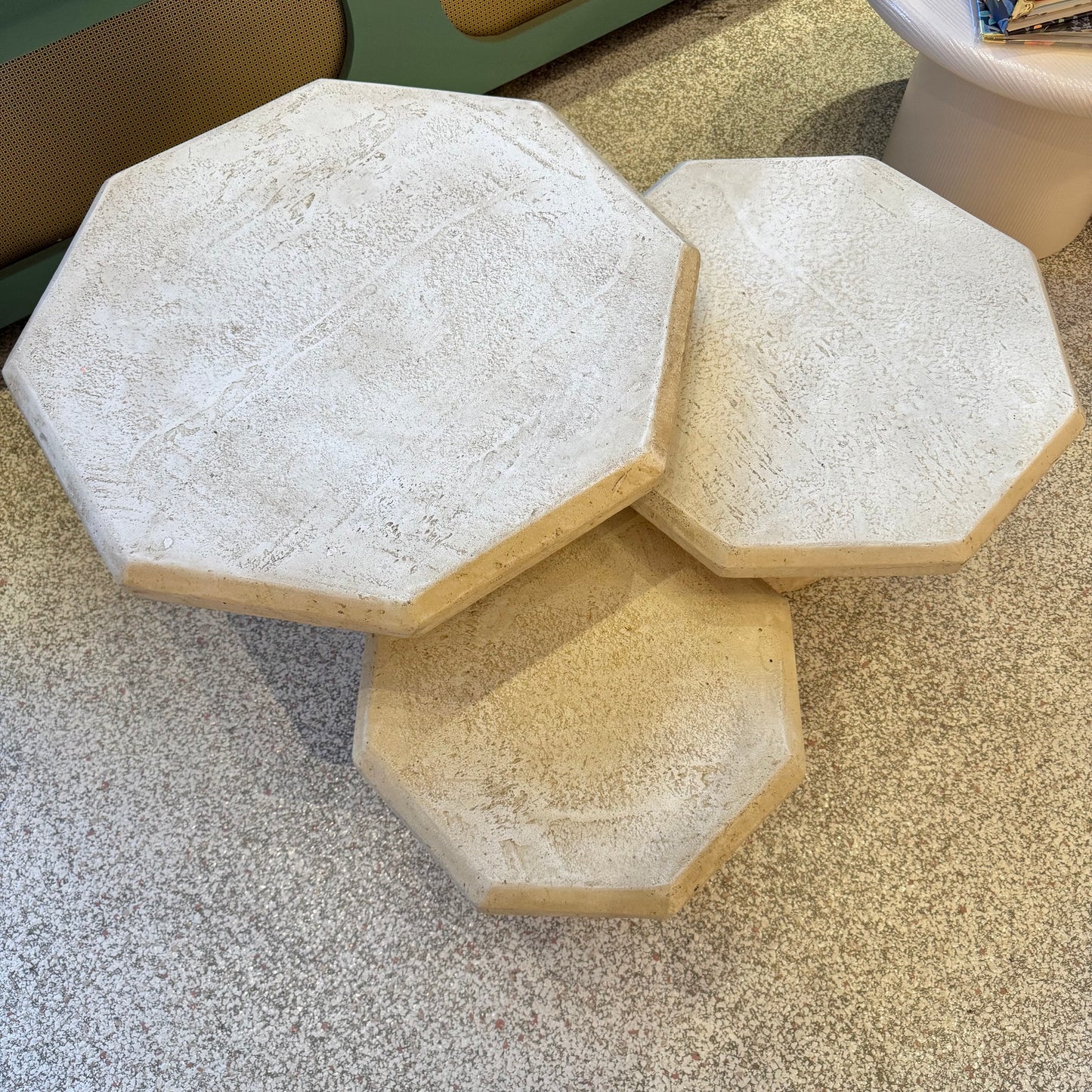 Vintage Set of 3 Octagonal Faux Travertine Nesting Mushroom Tables