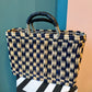 Bicolor Checkered Straw Basket Tote Bag