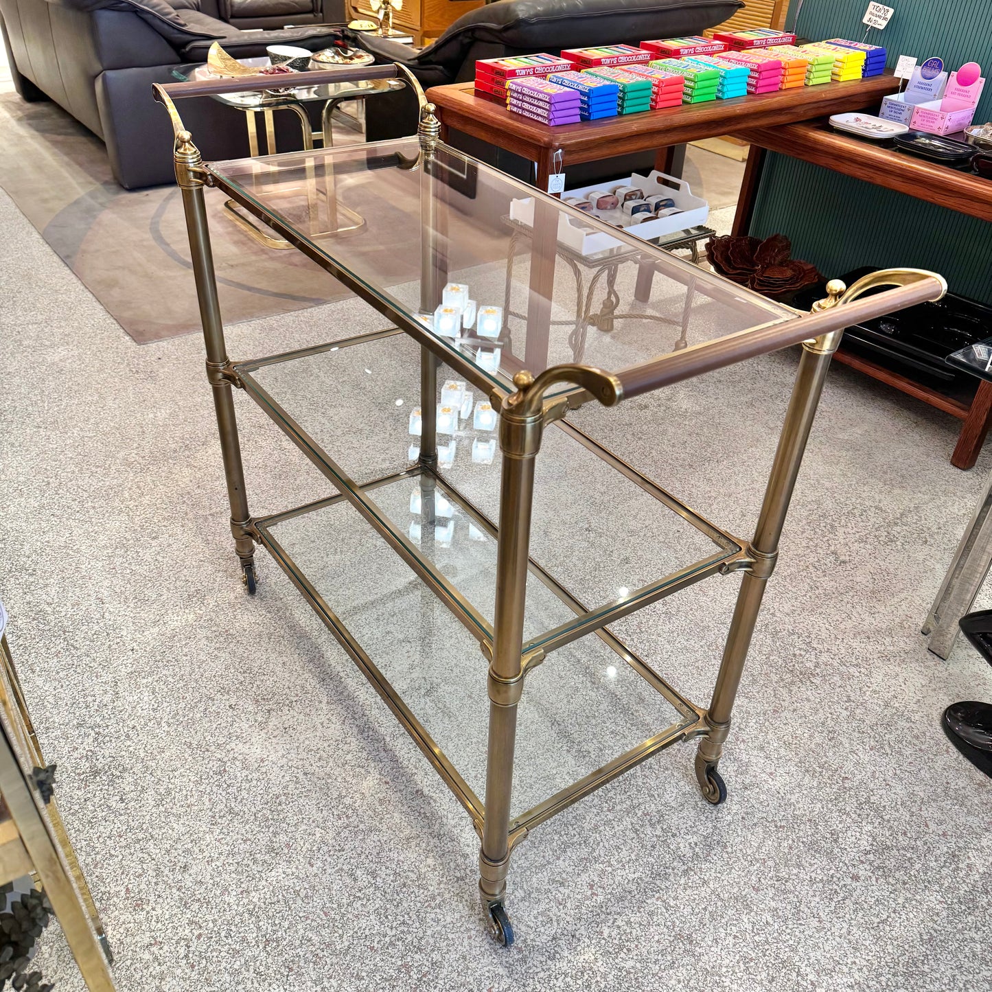 Brass and Glass 3 Tier Rolling Bar Cart