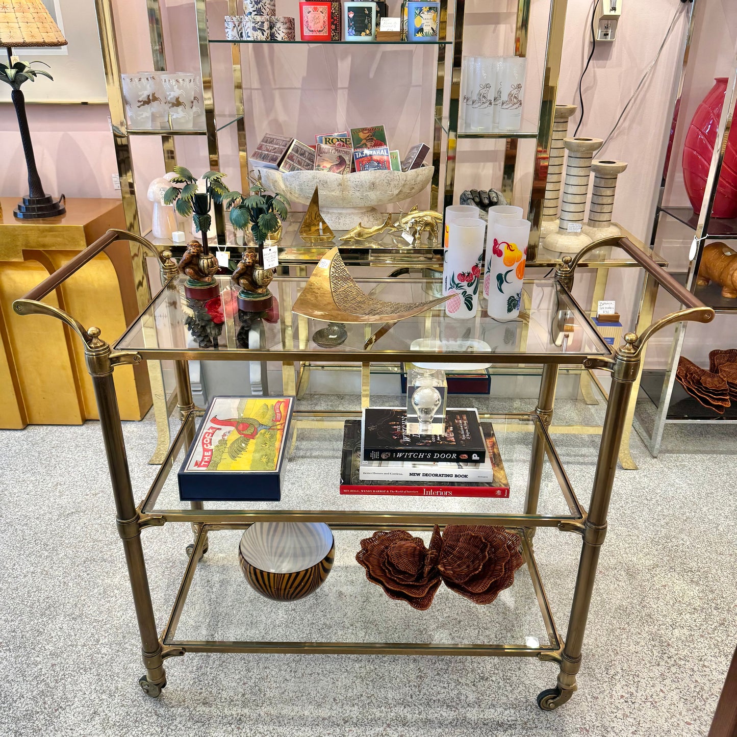 Brass and Glass 3 Tier Rolling Bar Cart