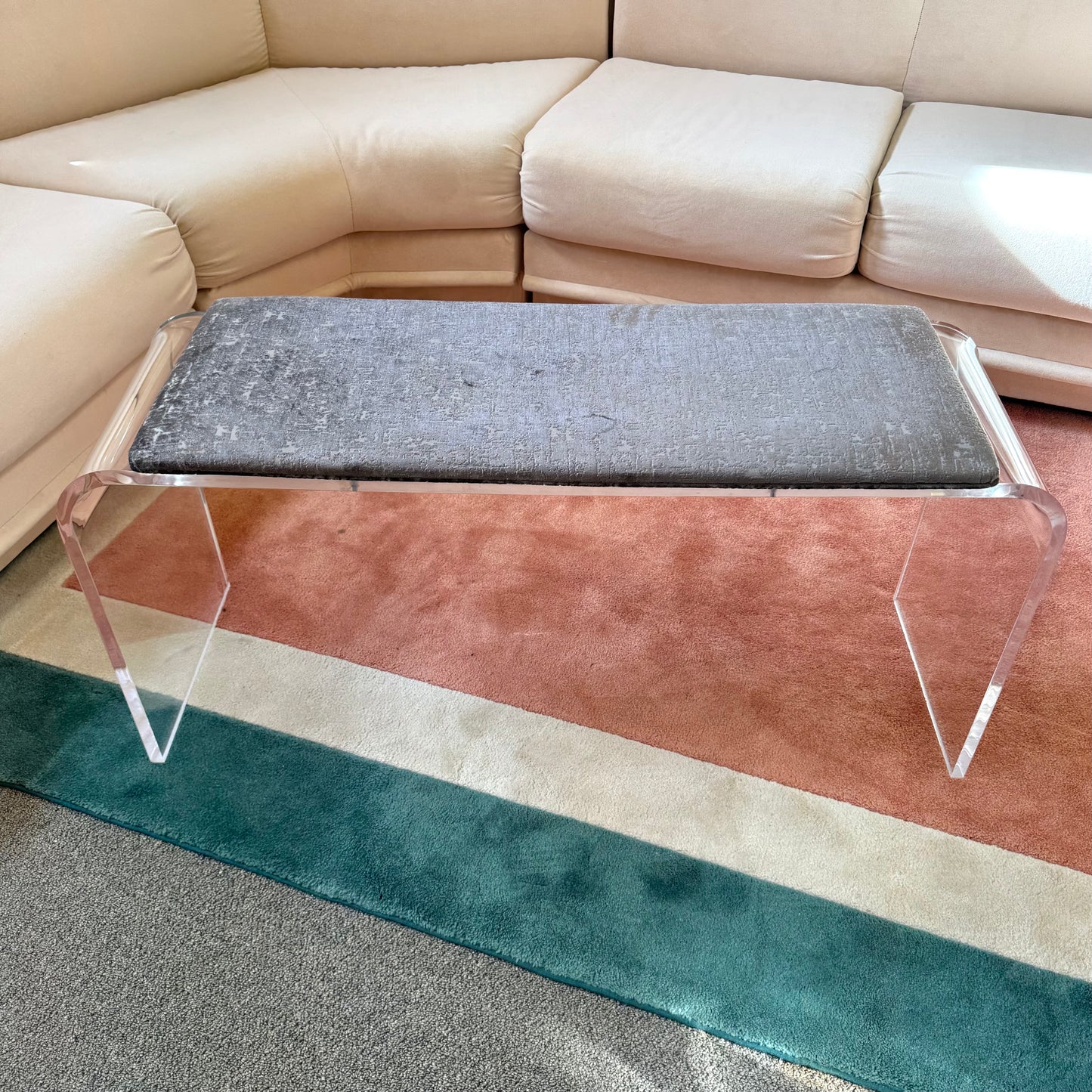 Vintage Lucite Waterfall Bench with Upholstered Seat